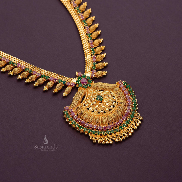 Micro gold plated fan pendant long haram necklace with ruby-green stones - Sasitrends