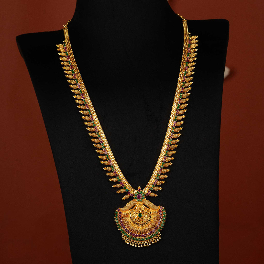 One gram gold plated long haram necklace with AD stones and fan-like pendant  - Sasitrends