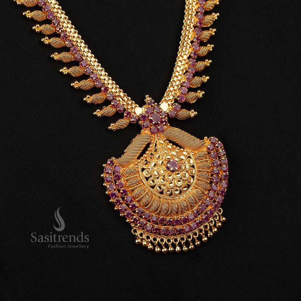 Stylish long haram necklace with intricate pendant and ruby gemstones - Sasitrends