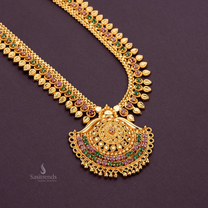 Elegant ruby green ad stone long haram necklace with circular pendant and golden balls  