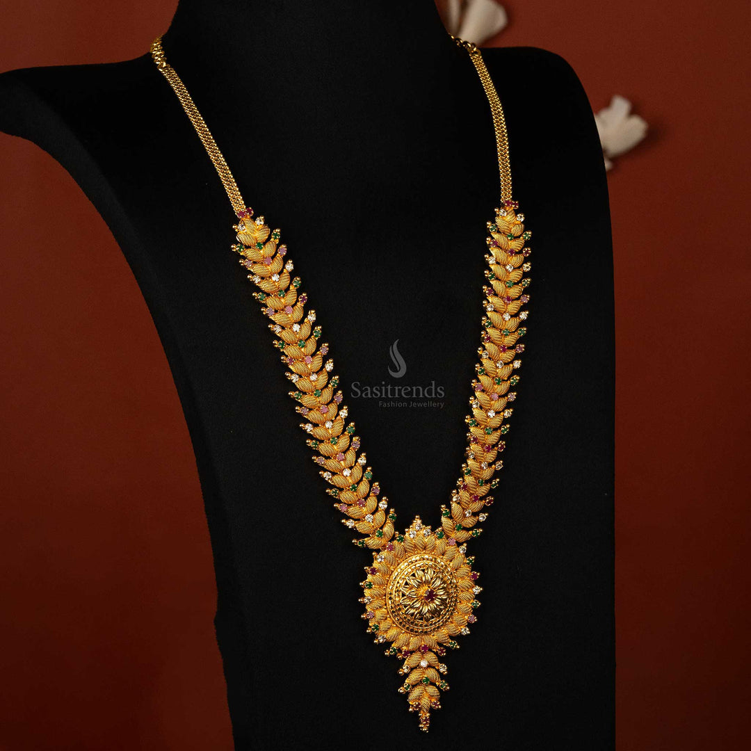 Floral Pendant Haram Necklace with Colorful AD Stones and Leafy Chain Design - Sasitrends