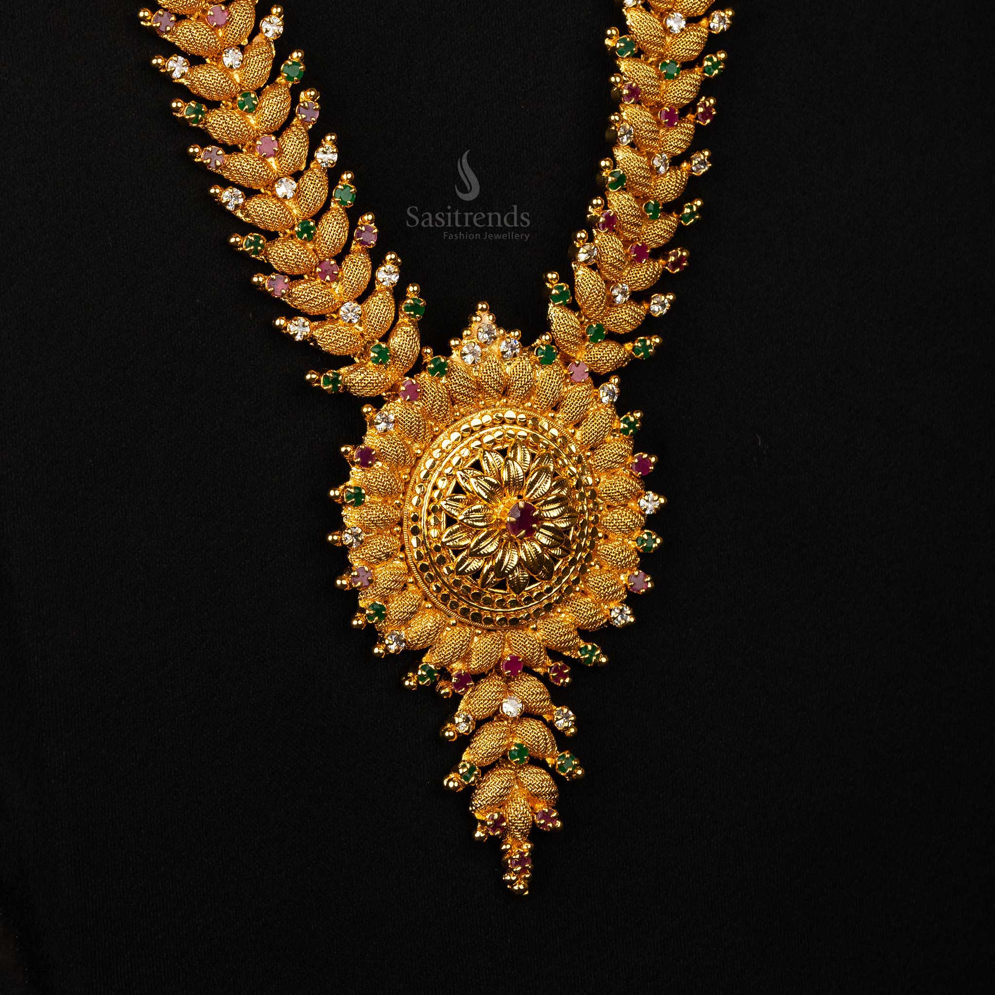 Traditional Gold-Plated Long Haram Necklace with Golden Ball Hangings - Sasitrends