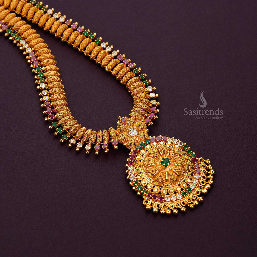 Micro gold plated long necklace with intricate gold beadwork and AD stones - Sasitrends