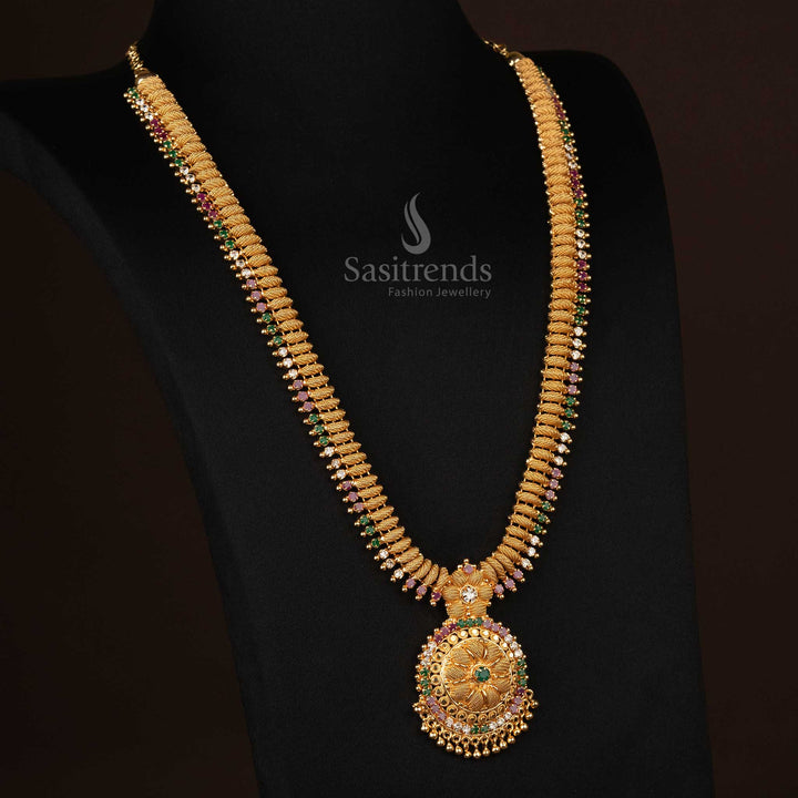 Guaranteed One Gram Micro Gold Plated Long Haram Necklace with Multi AD Stones - Sasitrends