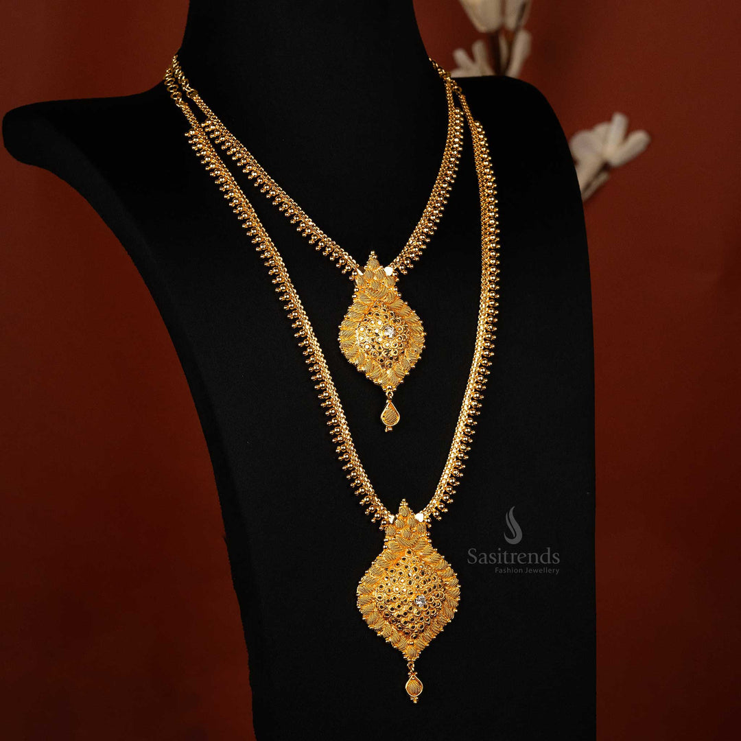 Two-tier micro gold-plated necklace with leaf-shaped pendants and filigree detailing