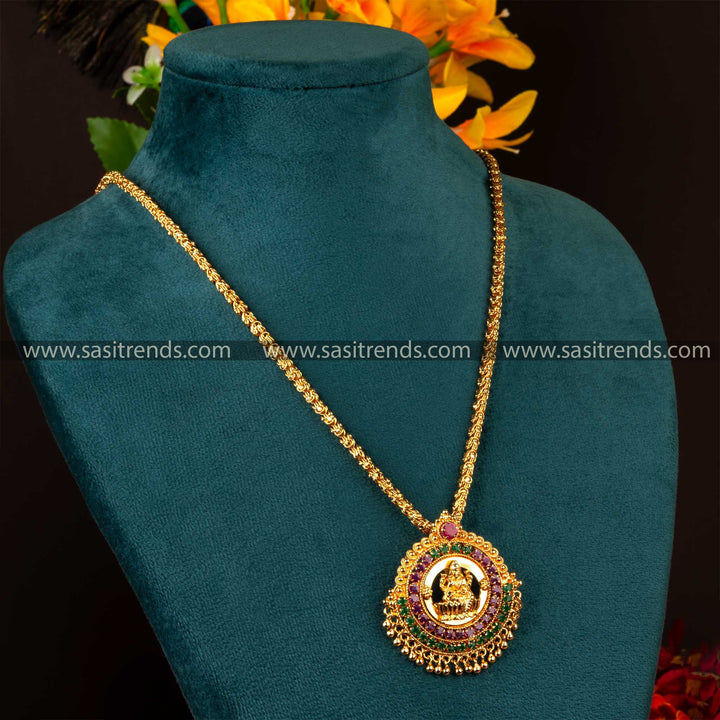 Multi-colored AD stones embellish the Lakshmi motif on this 30-inch Dasavatharam gold-plated chain