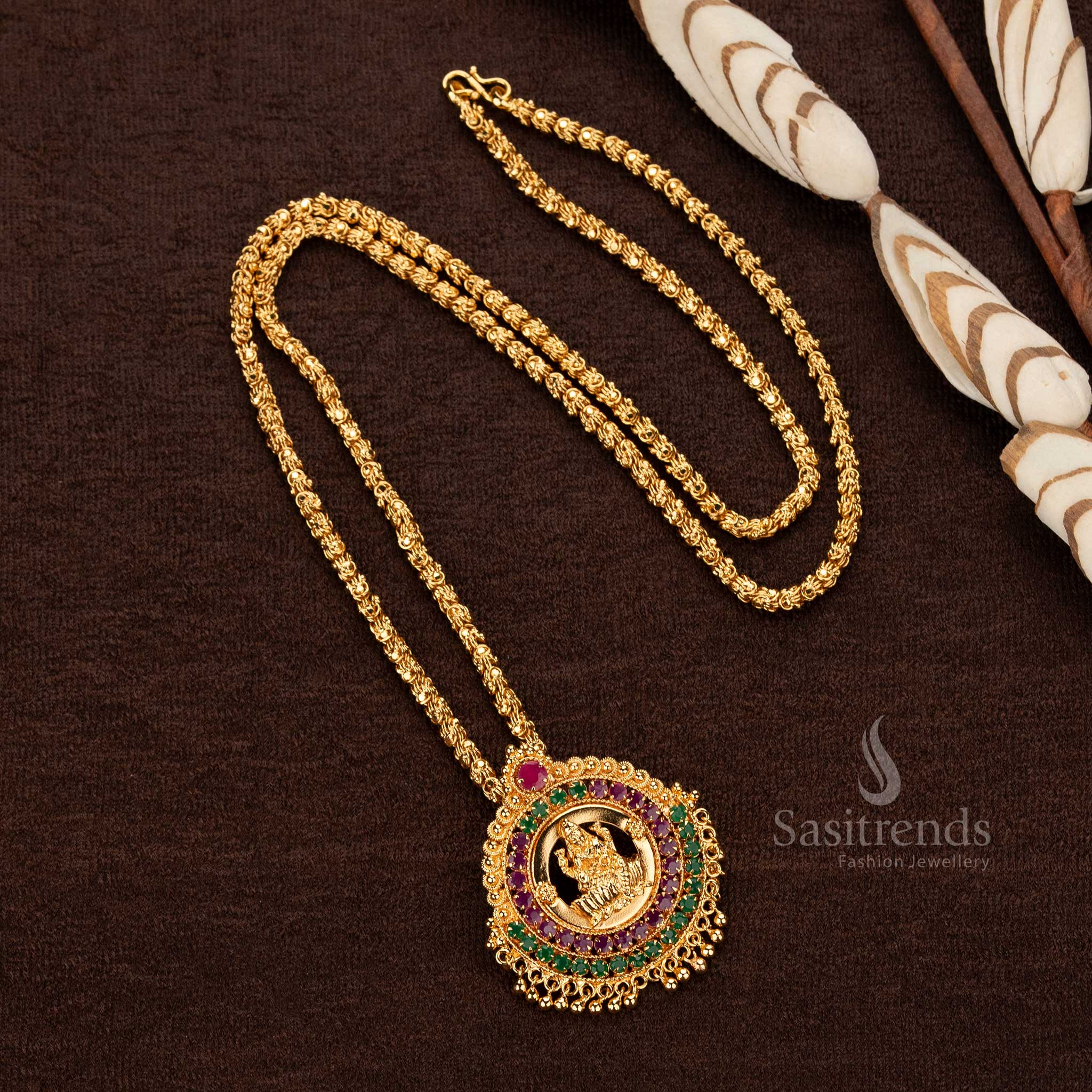 Traditional Indian long necklace with Lakshmi motif and AD stone pendant for weddings - Sasitrends