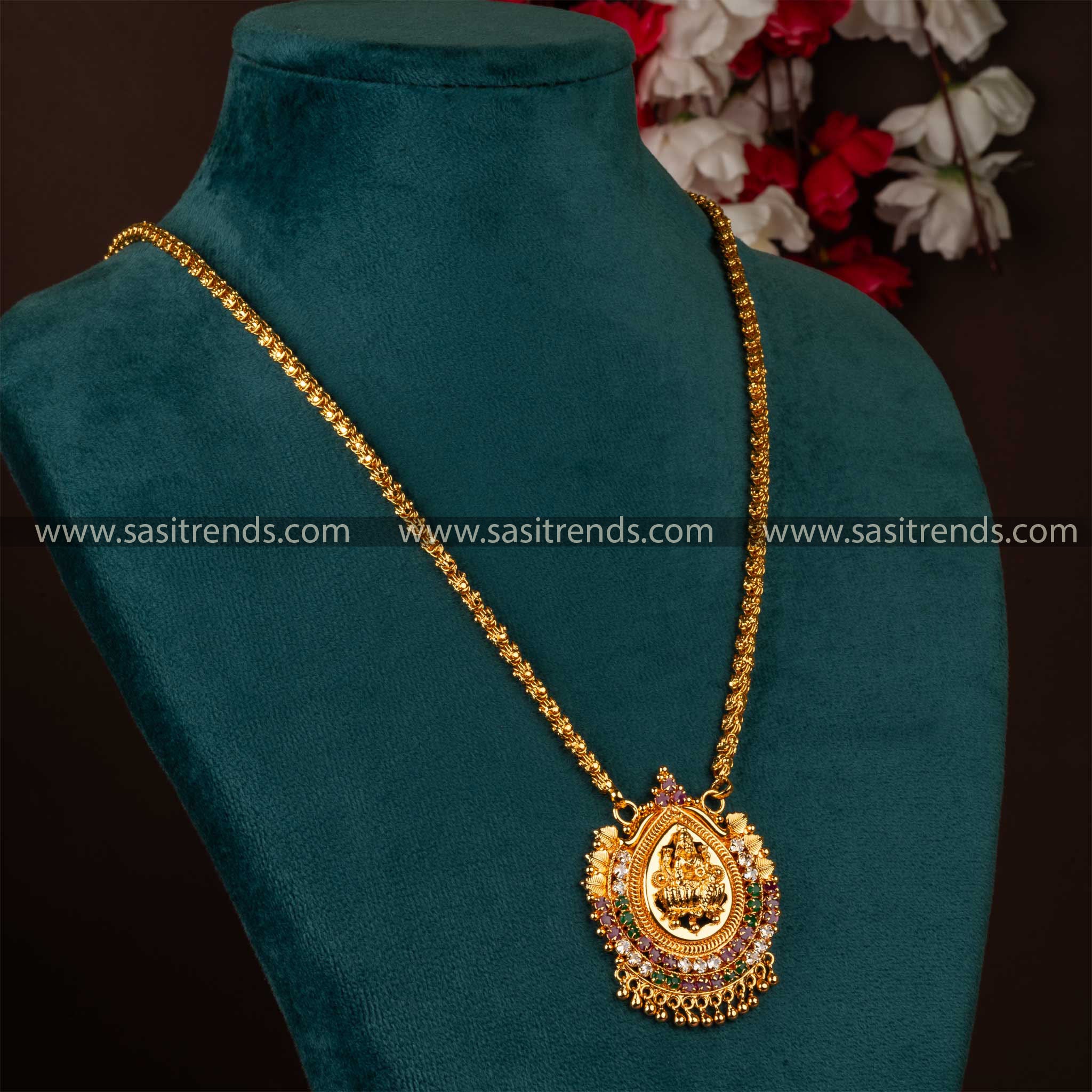 Elegant Pendant Dollar Chain Necklace adorned with multi-colored AD stones and Lakshmi motif