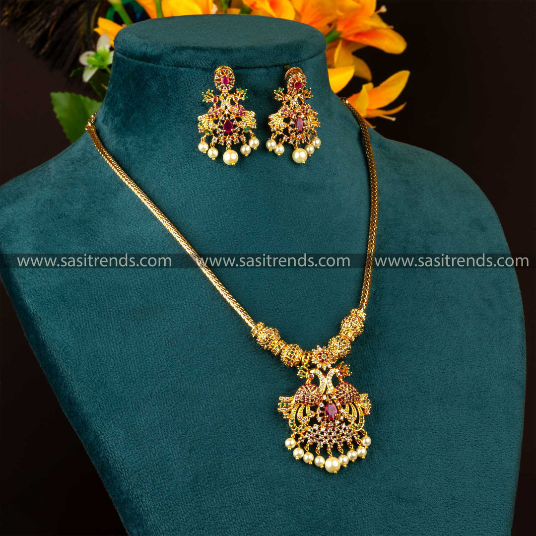 Micro Gold Plated Peacock Pendant Necklace Set with Earrings showcasing AD Stones