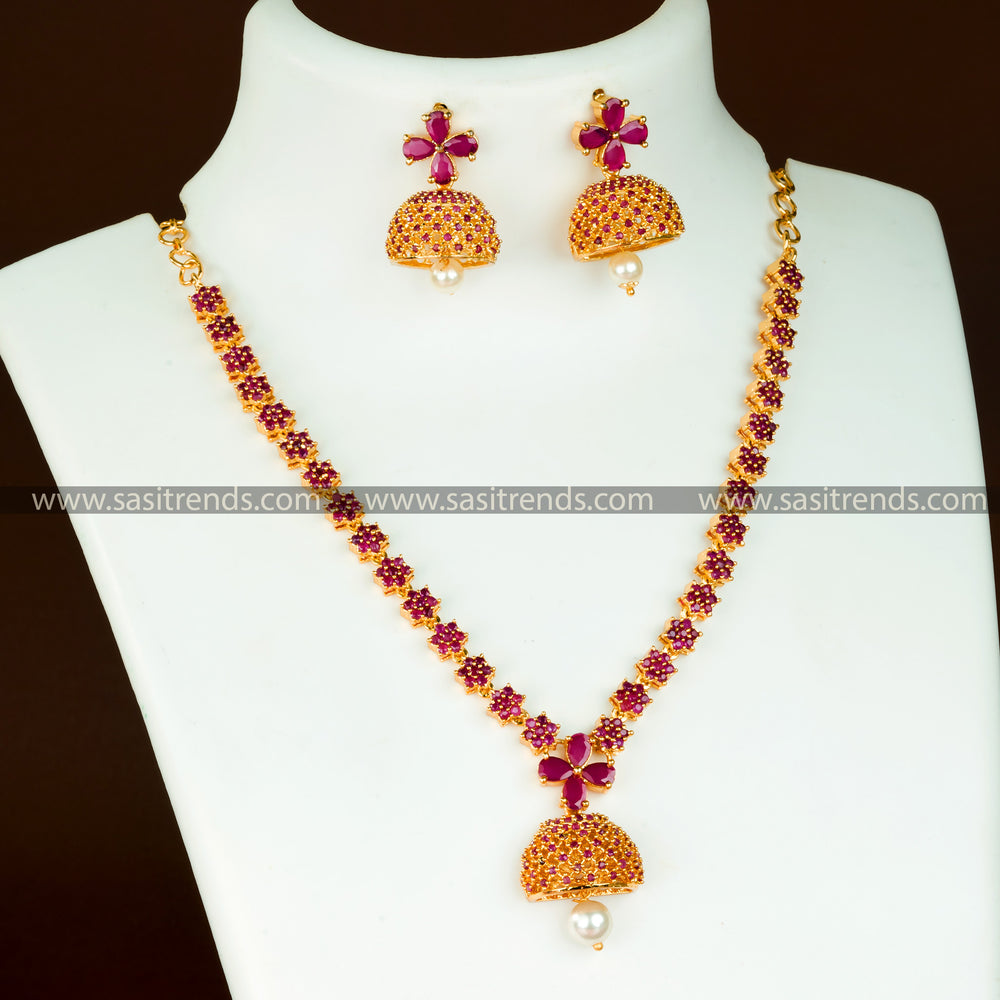 Stunning Bell Jhumka Necklace Set with Ruby AD Stones and Micro Gold Plating Guaranteed One Gram Gold Plated Jewellery Set