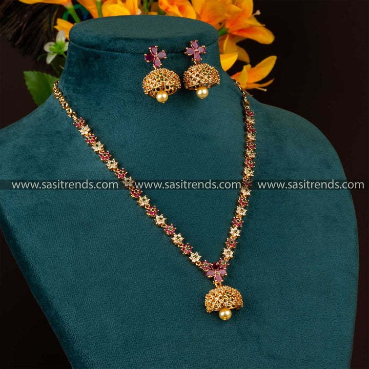 Micro Gold-Plated Bell Jhumka Jewellery Set with American Diamond Stones | Sasitrends