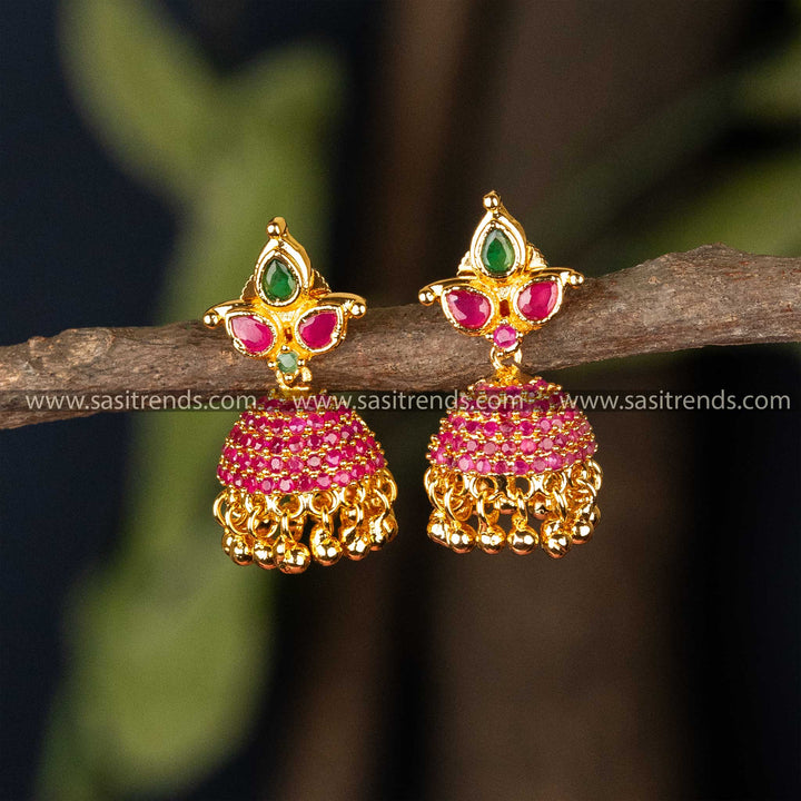 One Gram Guaranteed Micro Gold Plated Ruby Green AD Stone Studded Jhumka Earrings Sasitrends Online Shopping