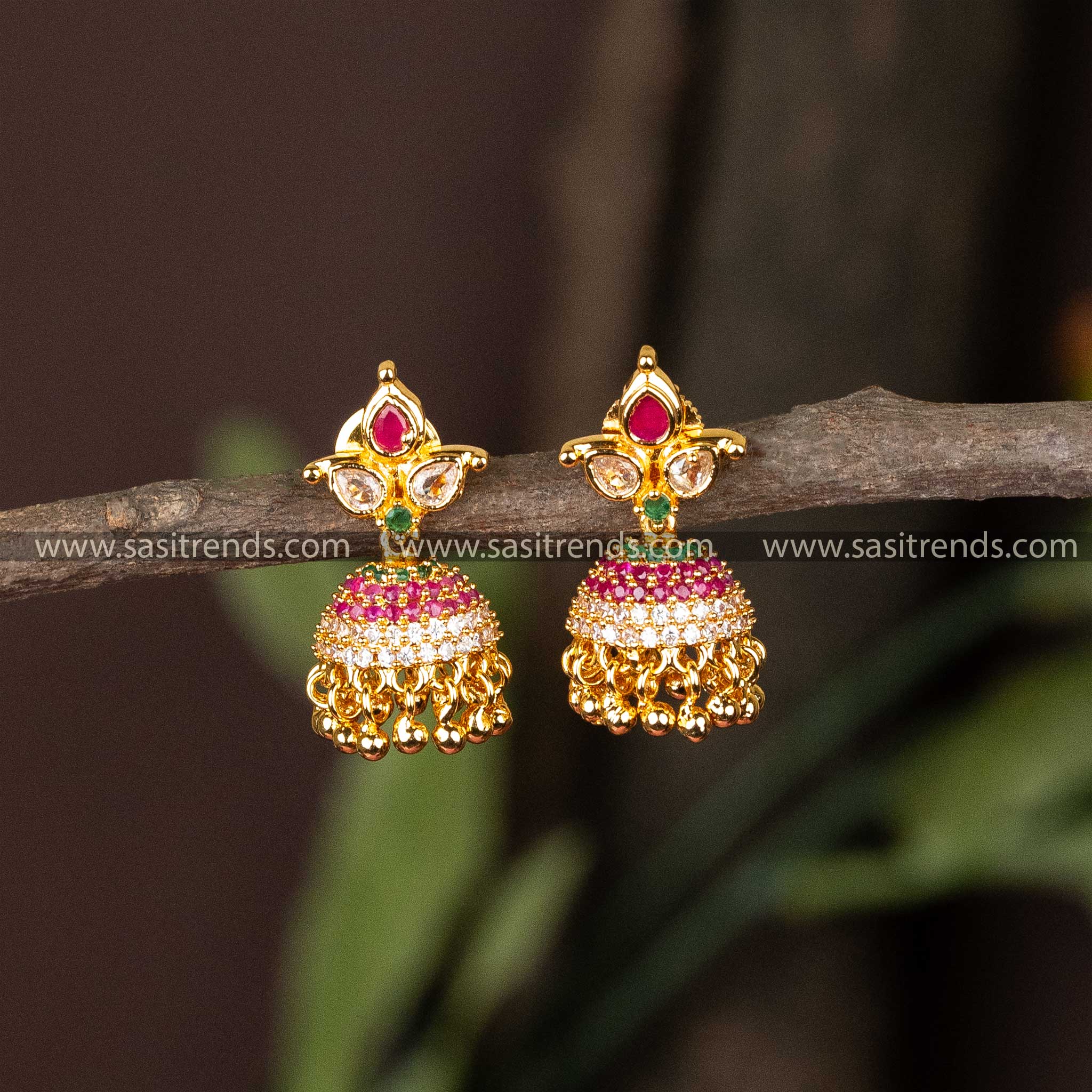 Traditional Guaranteed Micro Gold Plated Multi AD Stone Studded Jhumka Earrings Sasitrends Online Shopping