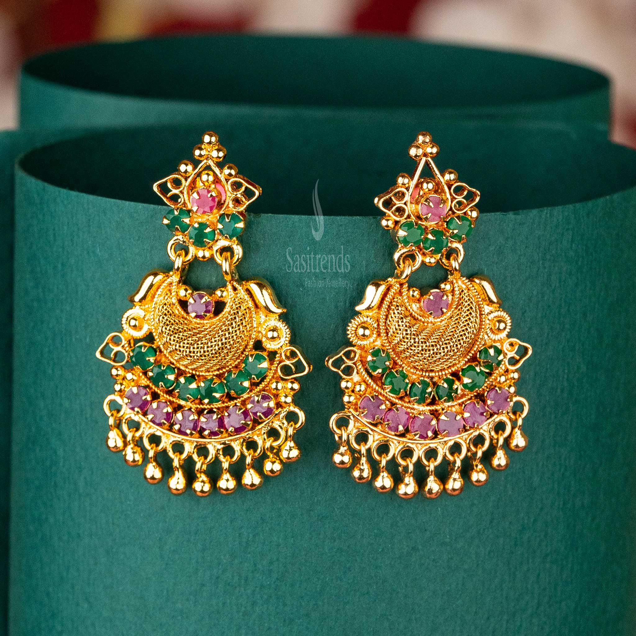 Elegant Ruby-Green Earrings Plated Using 24 Carat Gold with Hanging Beads