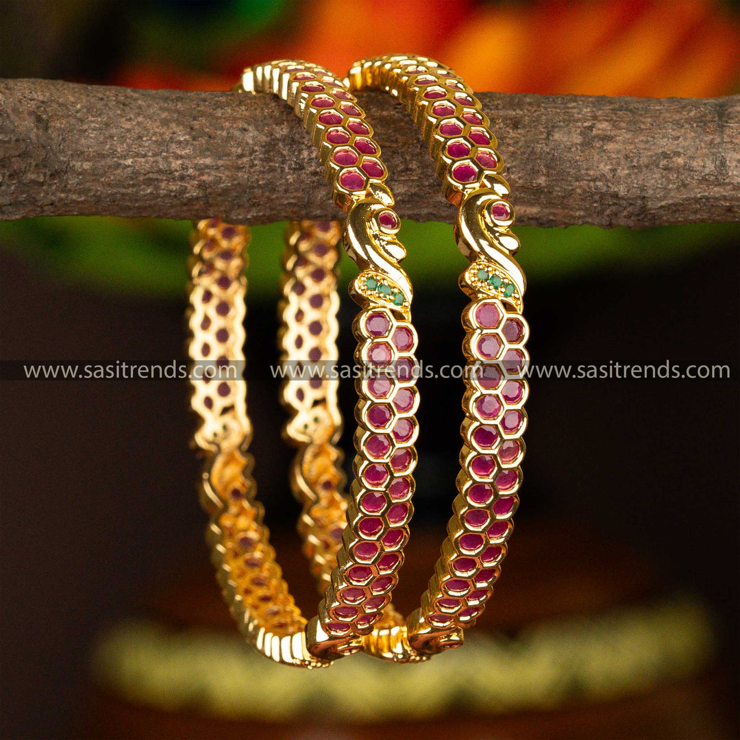 Traditional Micro Gold Plated Peacock Designer Ruby Green AD Stone Studded Bangles