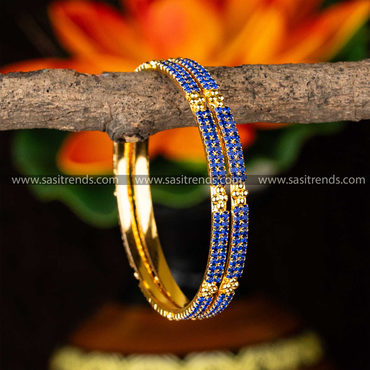 Temple Wear Guaranteed Micro Gold Plated Center Diamond Shaped Blue Two Line AD Stone Studded Bangles Sasitrends Online Shopping