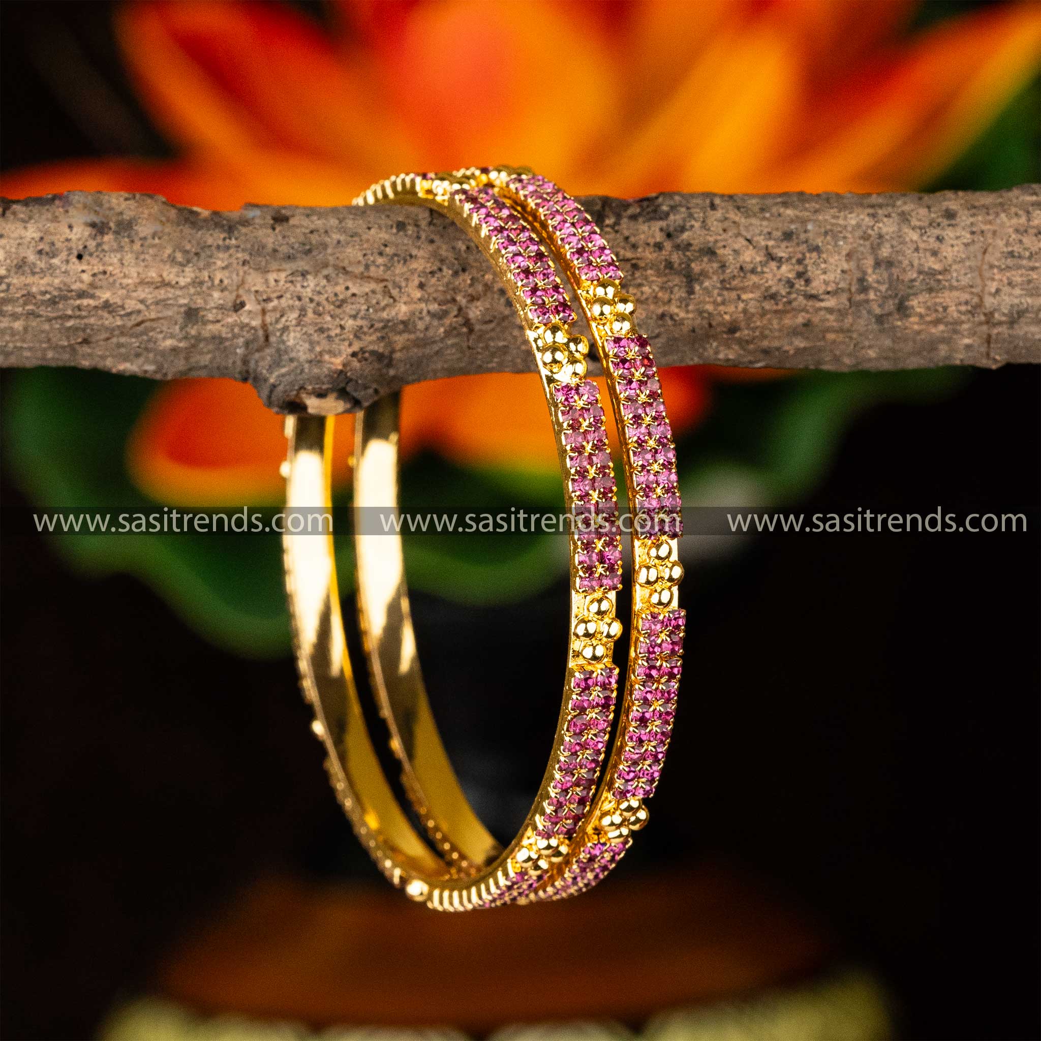 Attractive Guaranteed Micro Gold Plated Center Diamond Shaped Pink Two Line AD Stone Studded Bangles Sasitrends Online Shopping