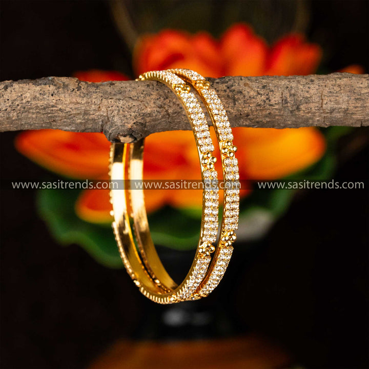 Guaranteed Micro Gold Plated Center Diamond Shaped White Two Line AD Stone Studded Bangles Sasitrends Online Shopping