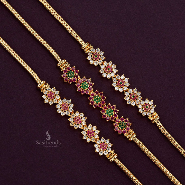 Guaranteed One Gram Micro Gold Plated 5-Flower Peacock Mugappu Chain with AD Stones - Sasitrends