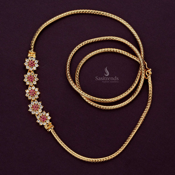 Stunning 24-inch white and ruby 5-flower mugappu Chain, micro gold plated - Sasitrends