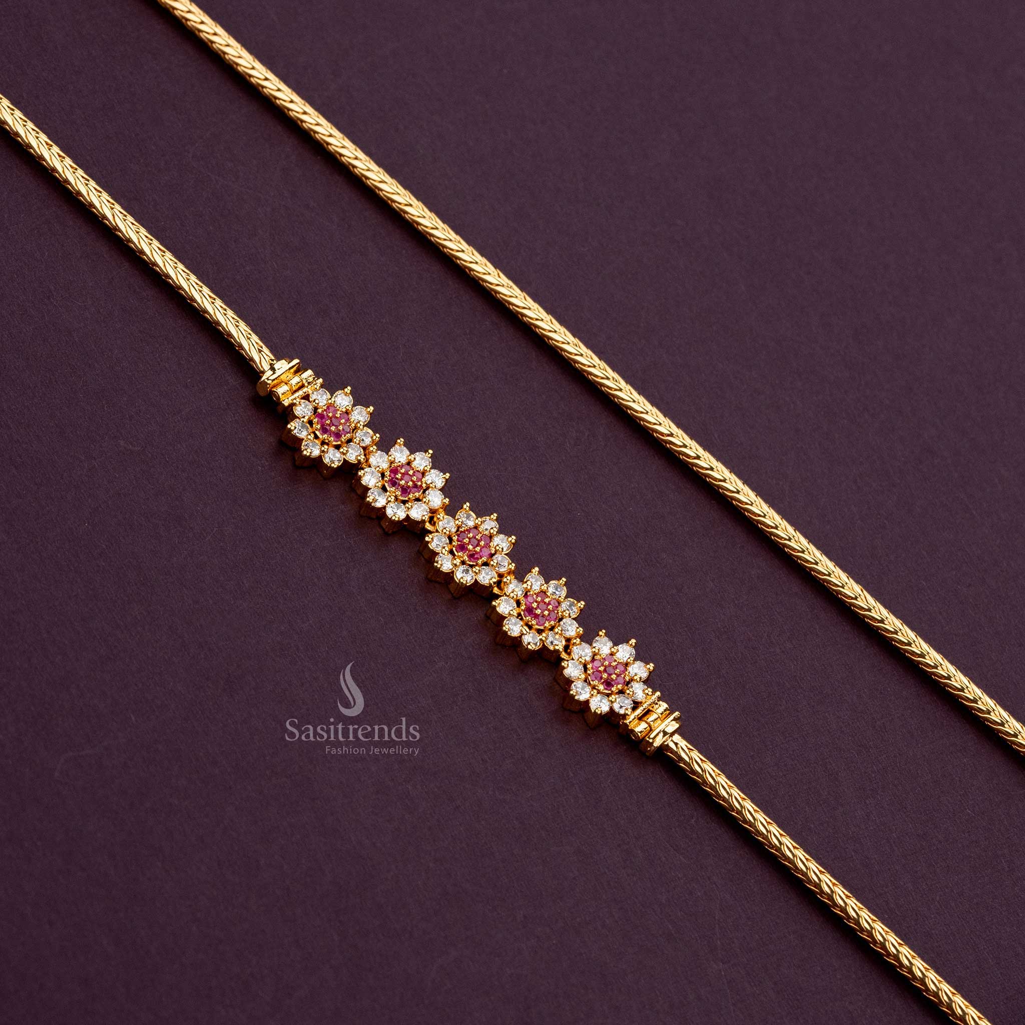 White-ruby 5-flower mugappu chain with American Diamond stones, 24-inch - Sasitrends