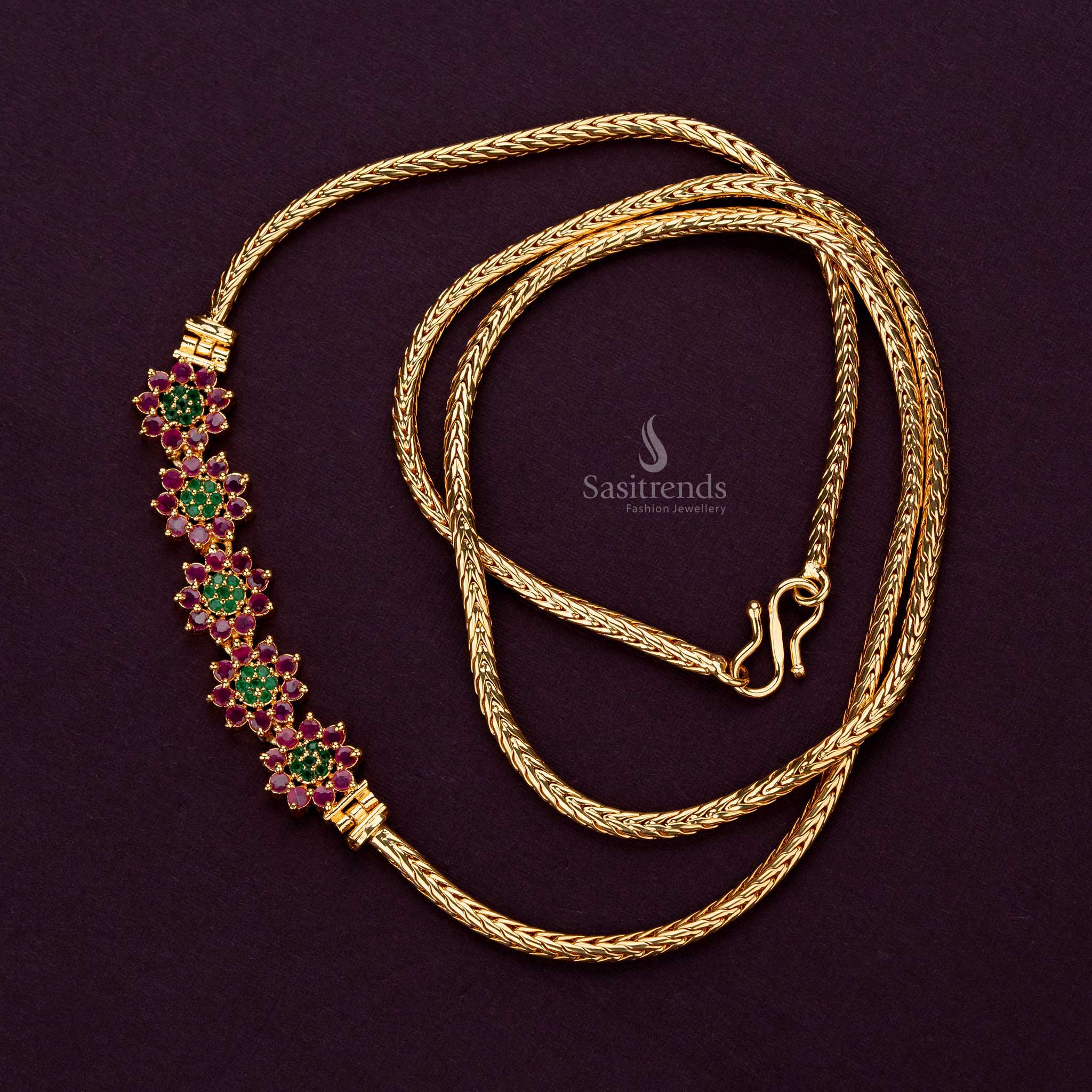 Intricate ruby-green mugappu chain, 5-flower pattern with AD stones, 24 inches - Sasitrends