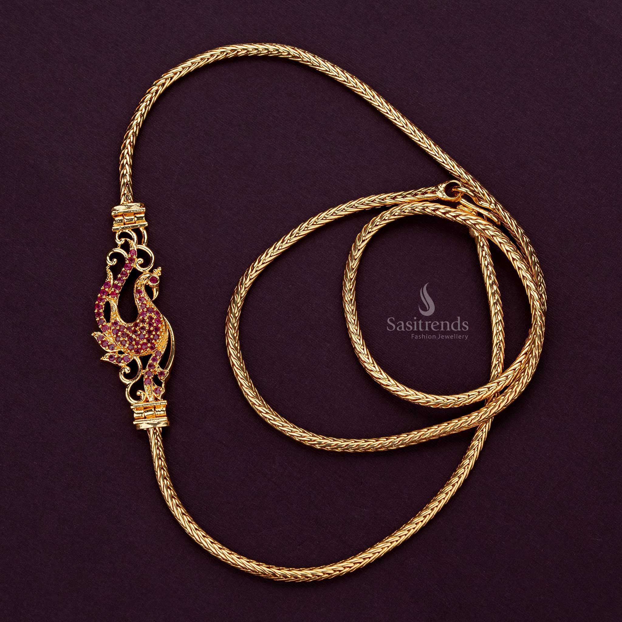 Guaranteed gold-plated ruby Floral peacock mugappu chain, 24 inches - Sasitrends