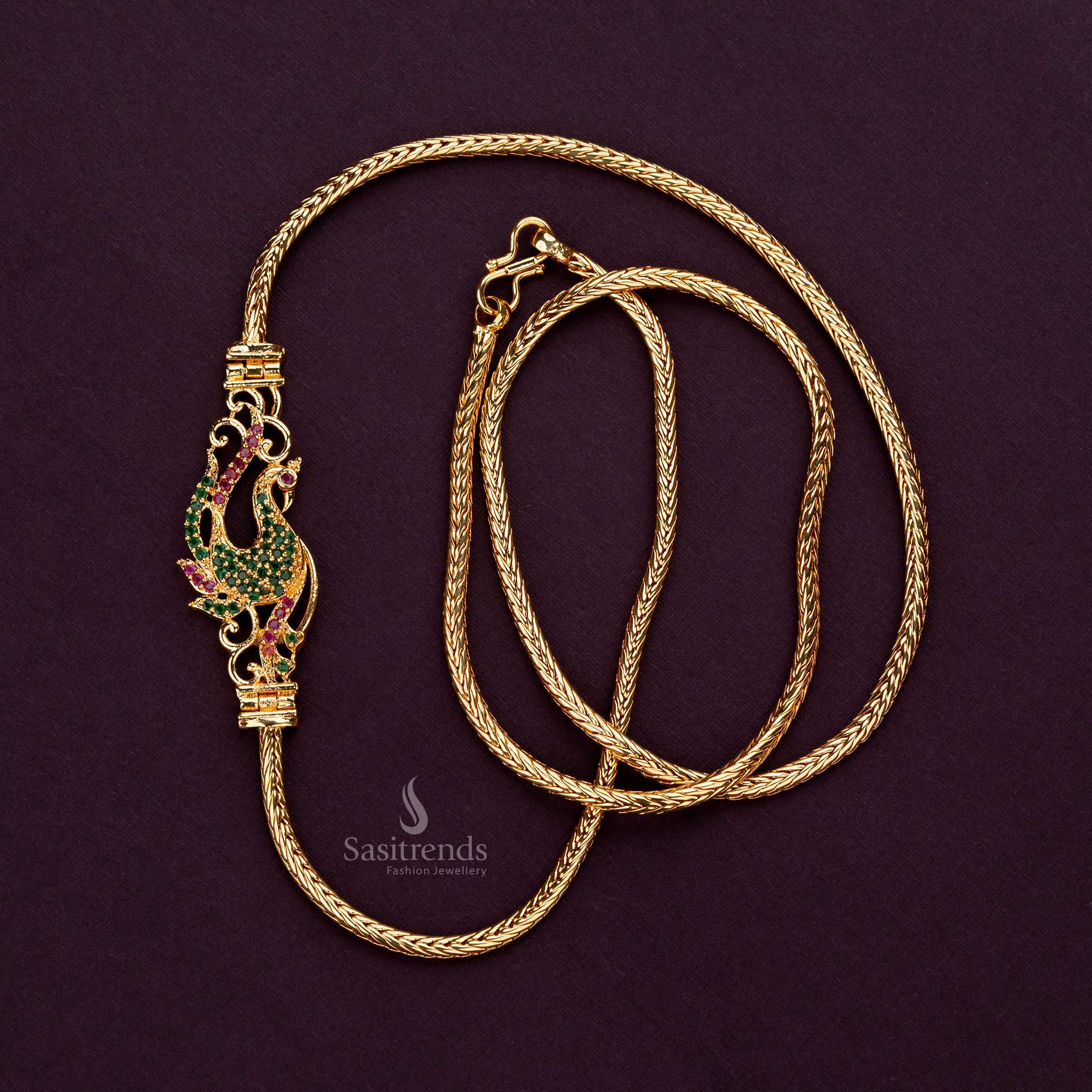 Premium ruby and green AD stone peacock mugappu chain, 24 inches - Sasitrends 