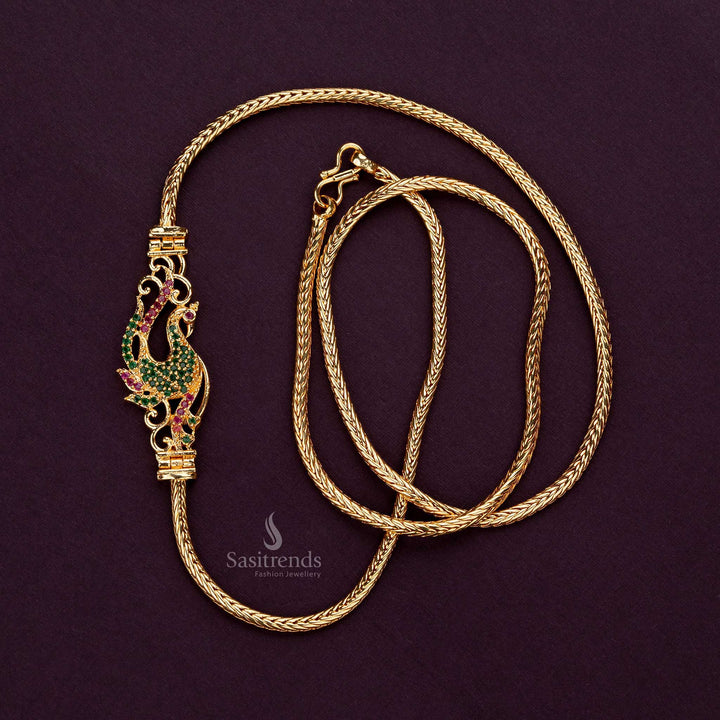 Premium ruby and green AD stone peacock mugappu chain, 24 inches - Sasitrends 