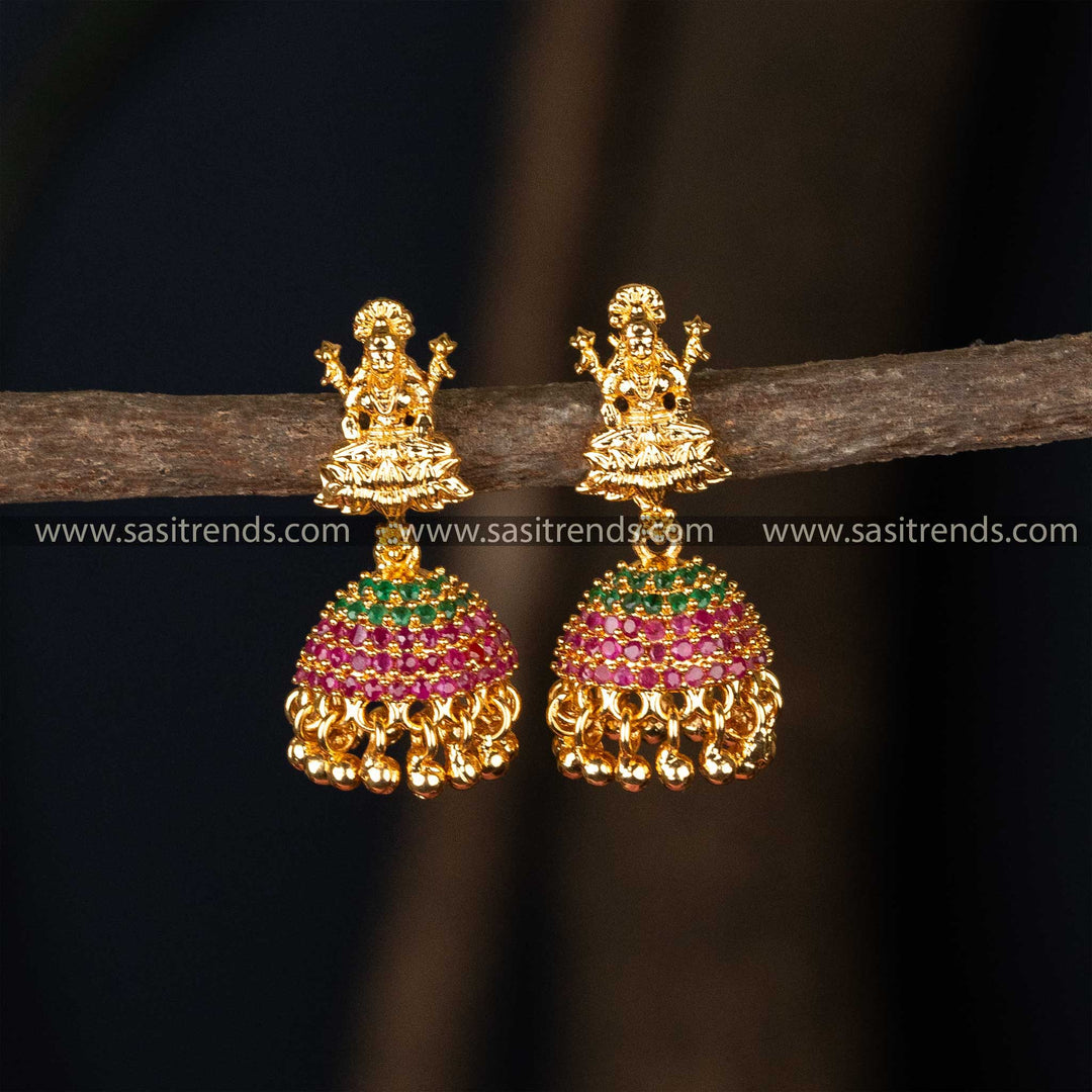 Guaranteed One Gram Micro Gold Plated Lakshmi Designer Ruby Green AD Stone Jhumka Earrings