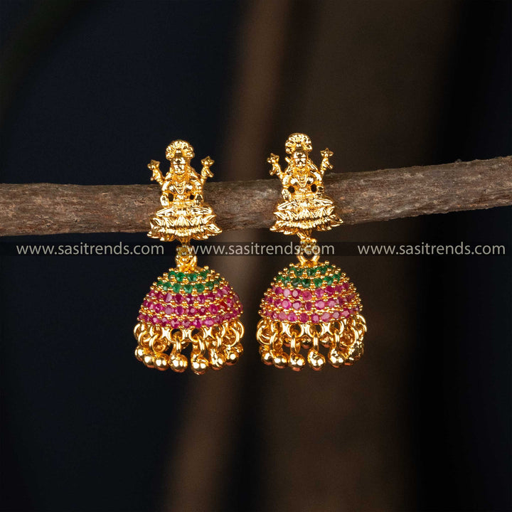 Guaranteed One Gram Micro Gold Plated Lakshmi Designer Ruby Green AD Stone Jhumka Earrings