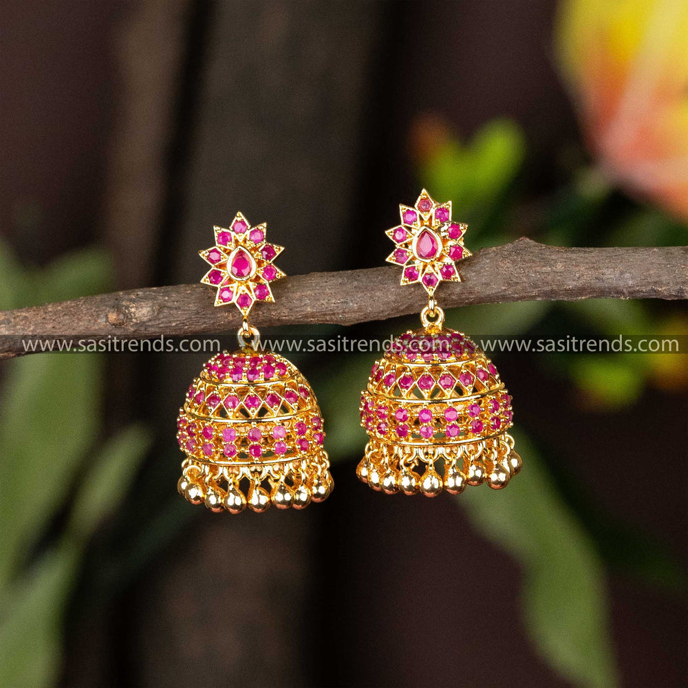 Traditional Micro Gold Plated Guaranteed One Gram Flower Designer Ruby AD Stone Studded Jhumka Earrings