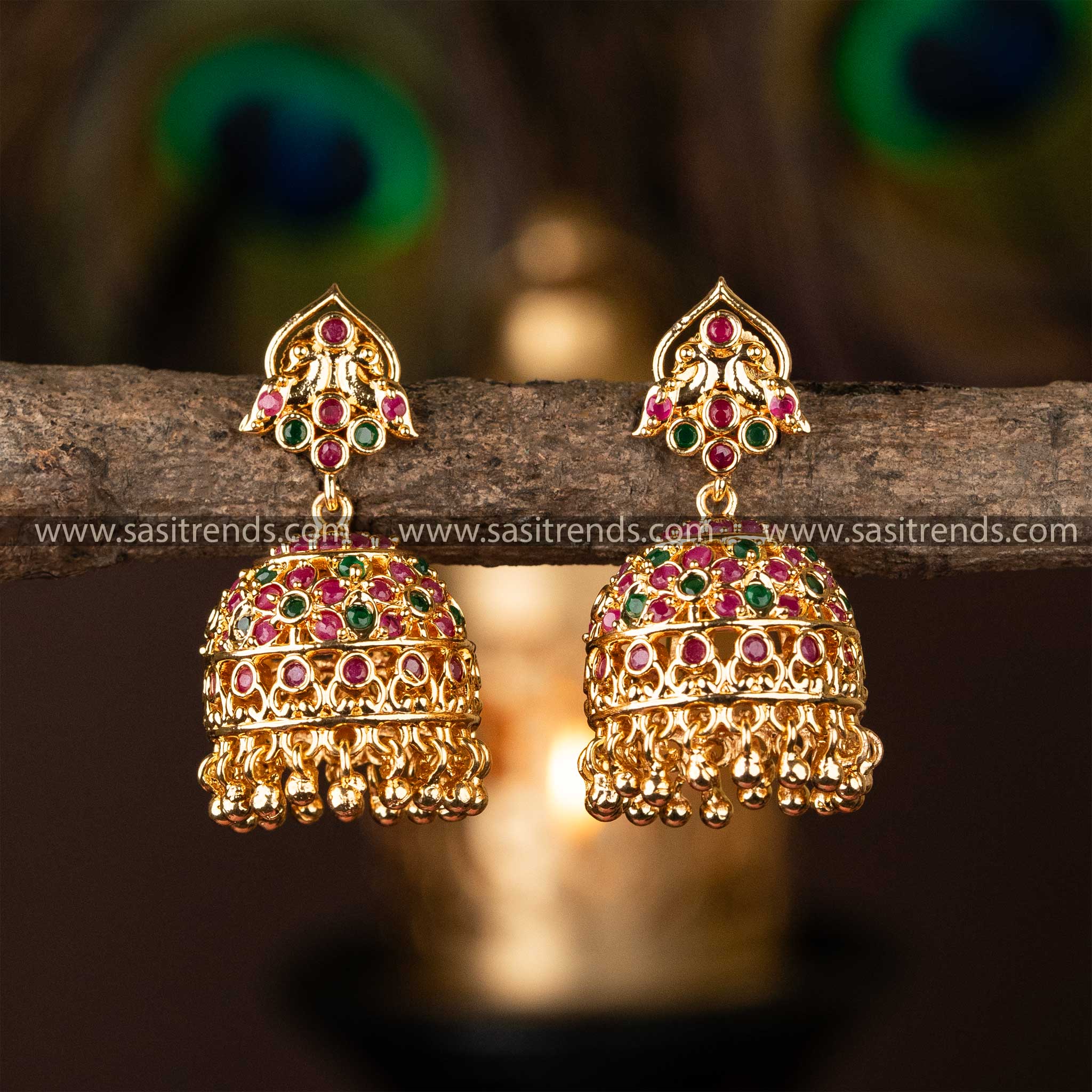 One Gram Micro Gold Plated Guaranteed Ruby Green Jhumka Earrings Sasitrends Online Shopping