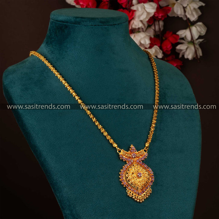 Ruby  Dasavatharam Pendant Chain Necklace with floral motif and American diamond stones, perfect for traditional sarees and festive occasions