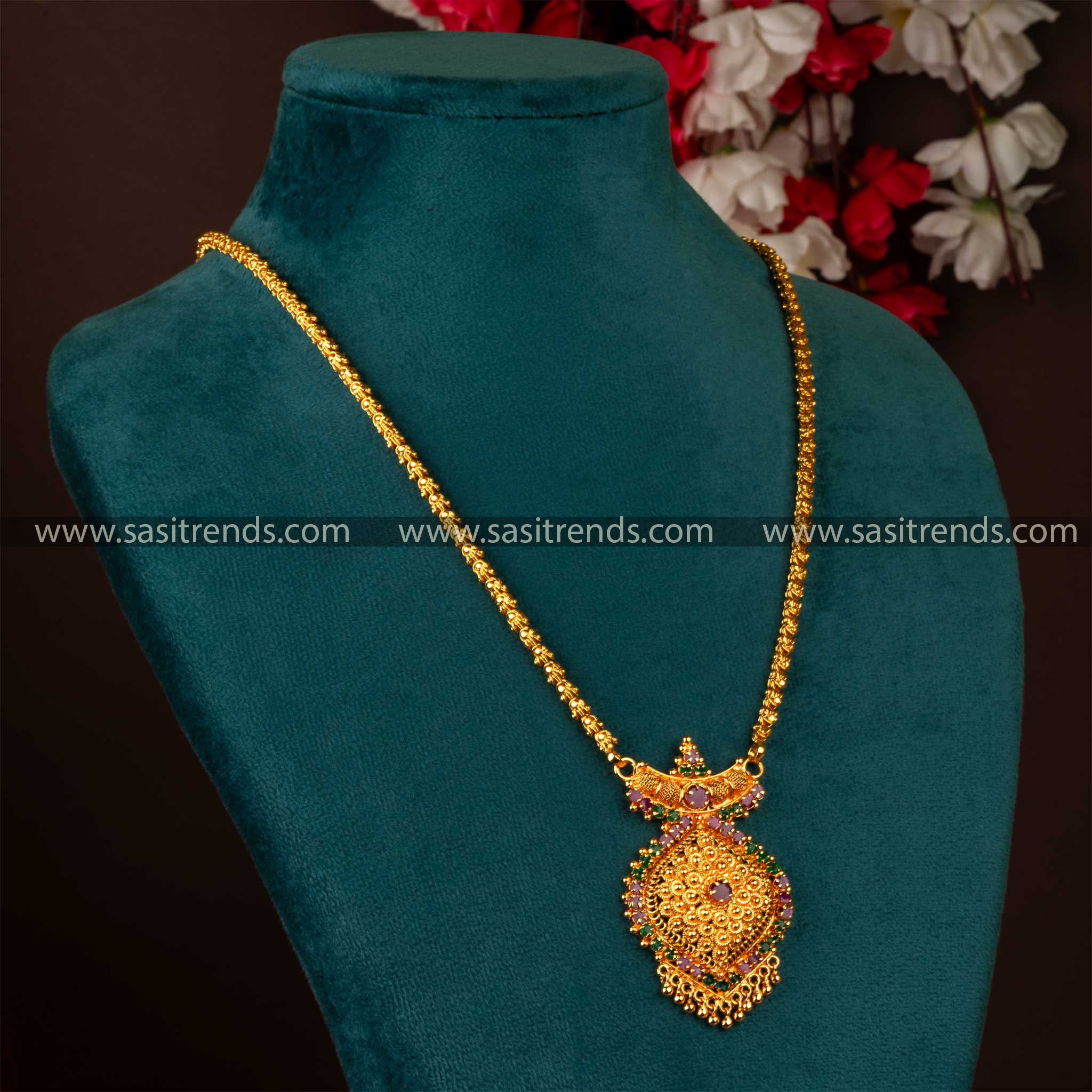 Ruby-Green  Dasavatharam Pendant Chain Necklace featuring floral motif and American diamond stones, ideal for silk pattu sarees and weddings