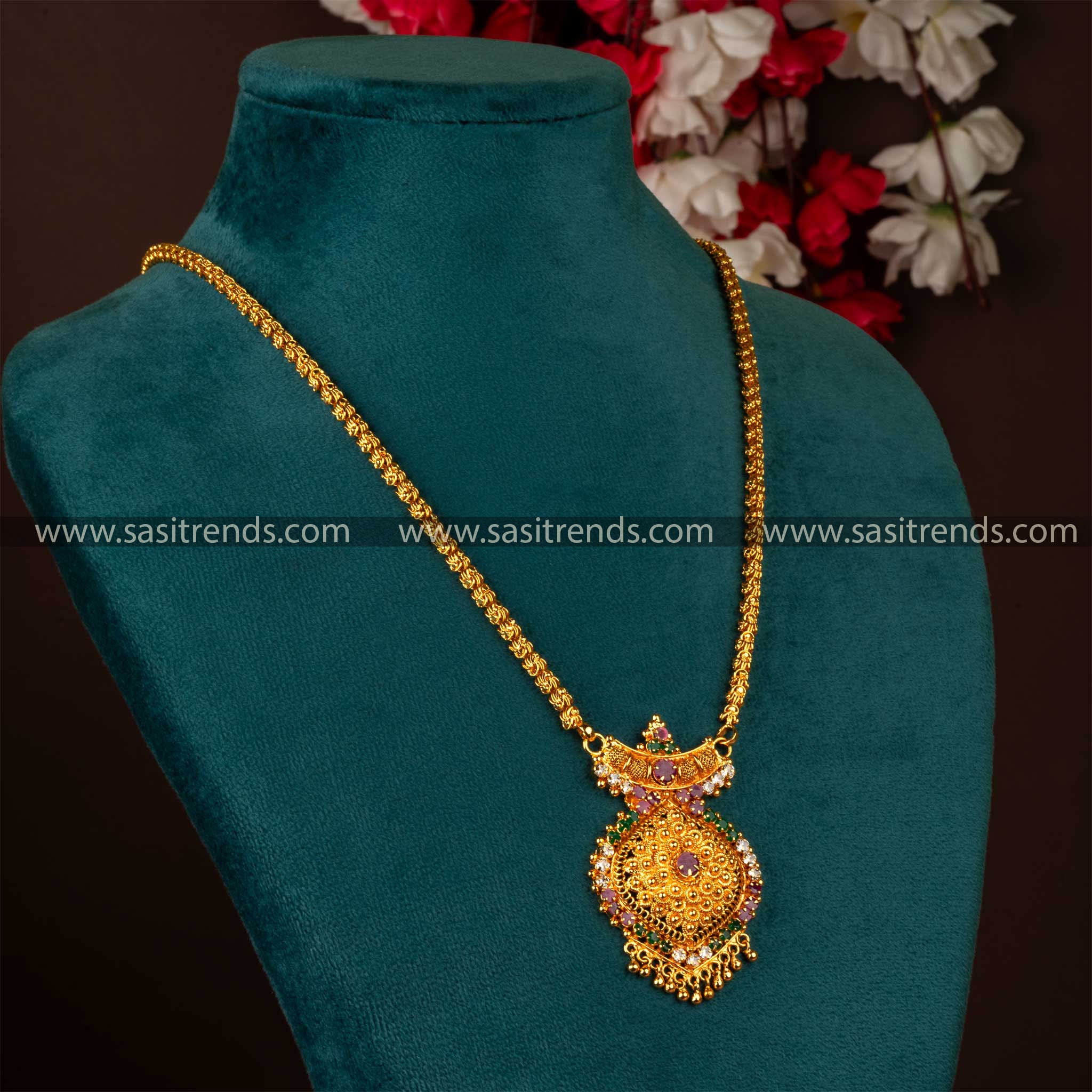 Multi-color  Dasavatharam Pendant Chain Necklace with floral motif and American diamond stones, great for traditional outfits and special events