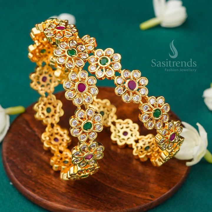 Dazzling Floral Brilliance: The American Diamond Adorned Micro Gold Plated Bangles | Sasitrends