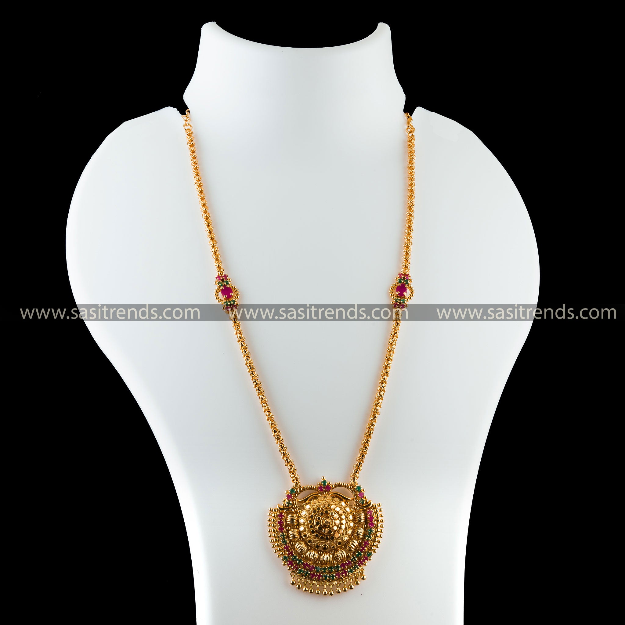 Dasavatharam pendant chain necklace in Ruby-Green Stones, a classic micro gold-plated masterpiece