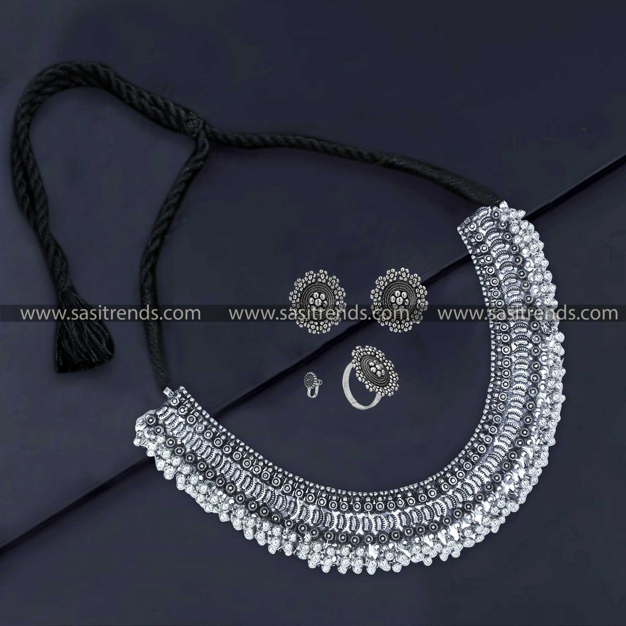 Stunning Oxidised German Silver Navarathna Combo Jewelry Set - Necklace with Circle Pattern, Stud Earrings, Nose Pin, and Ring