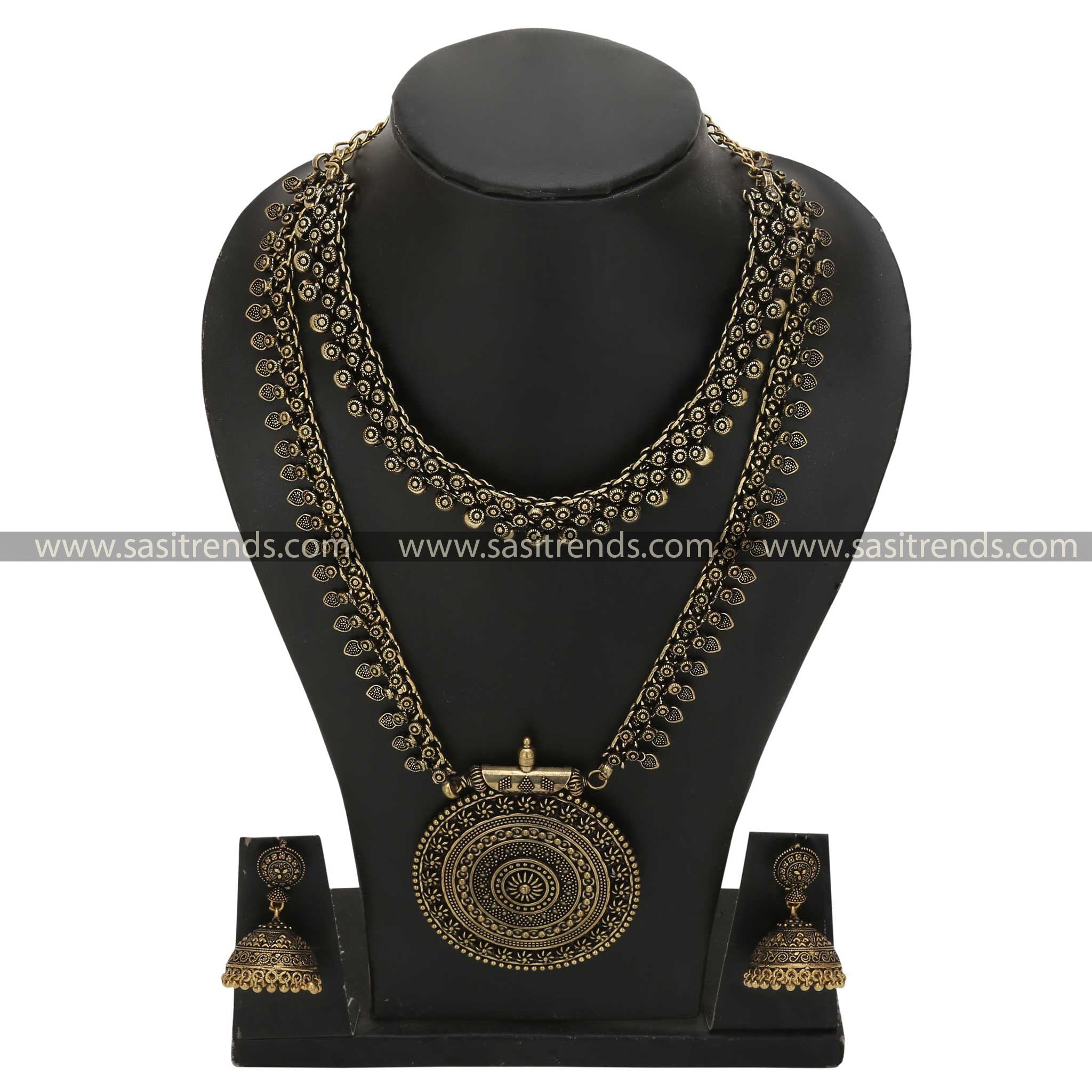 Niranjana Combo Jewellery Set in Oxidised Antique Gold with Traditional Jhumkas