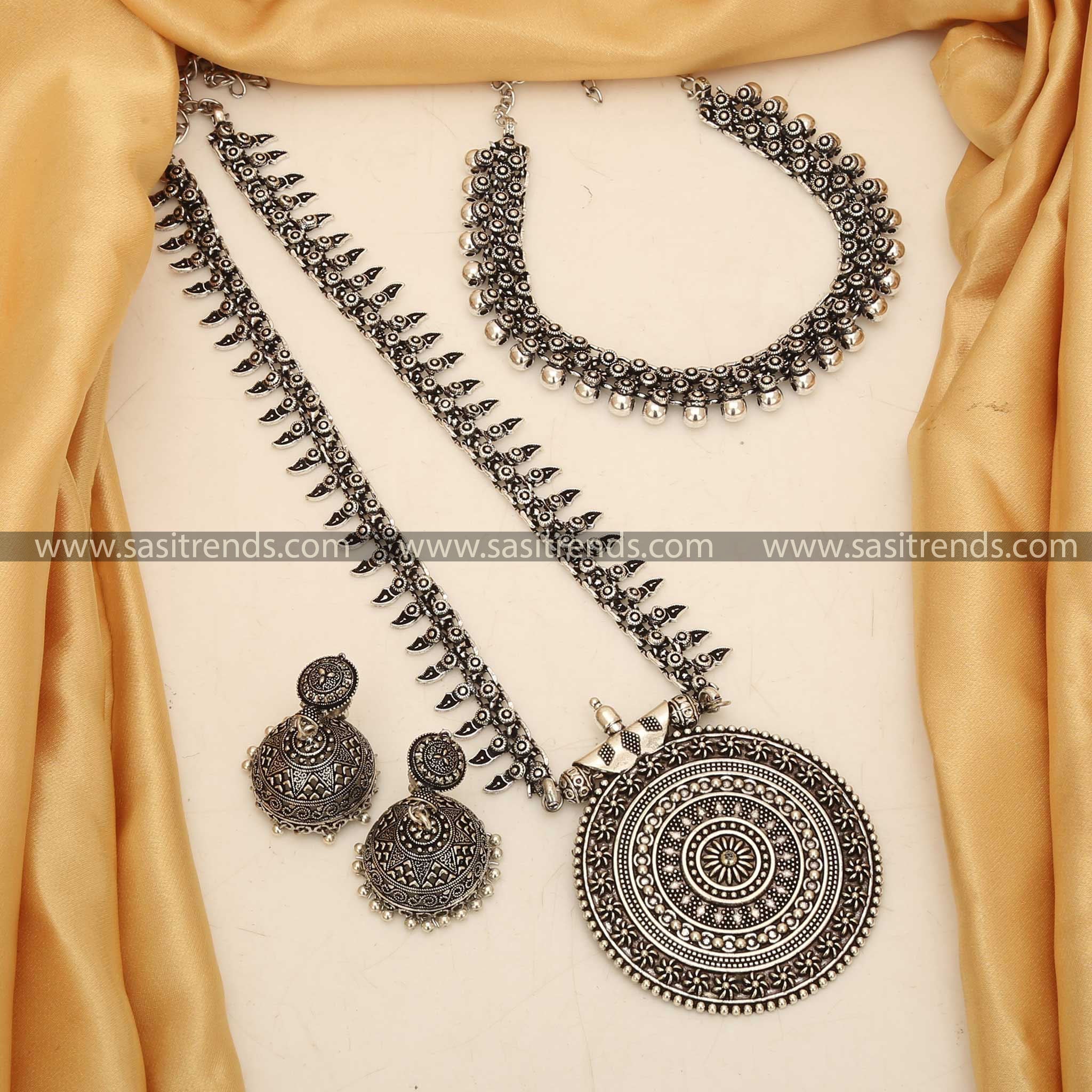 Silver Madhura Ball and Haram Necklace Combination with Jhumkas Earrings Navarathiri Special