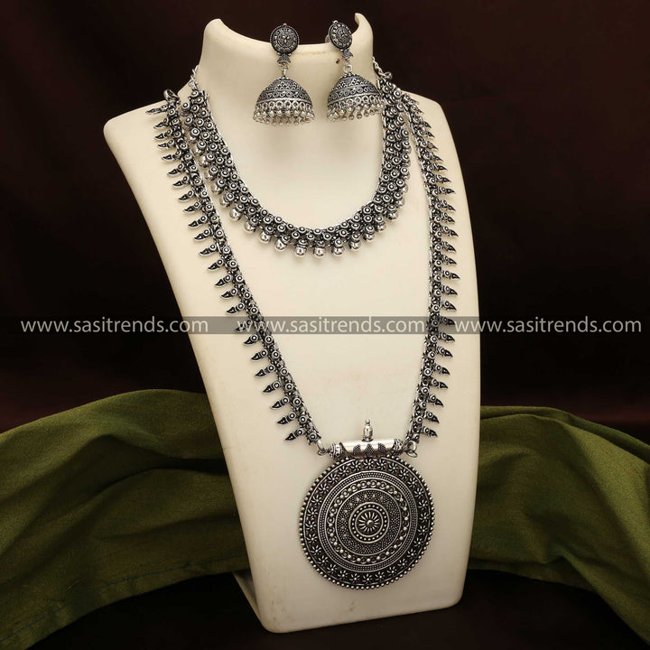 Oxidised Silver Madhura Ball and Niranjana Haram Set with Jhumka Earrings Jewellery Set