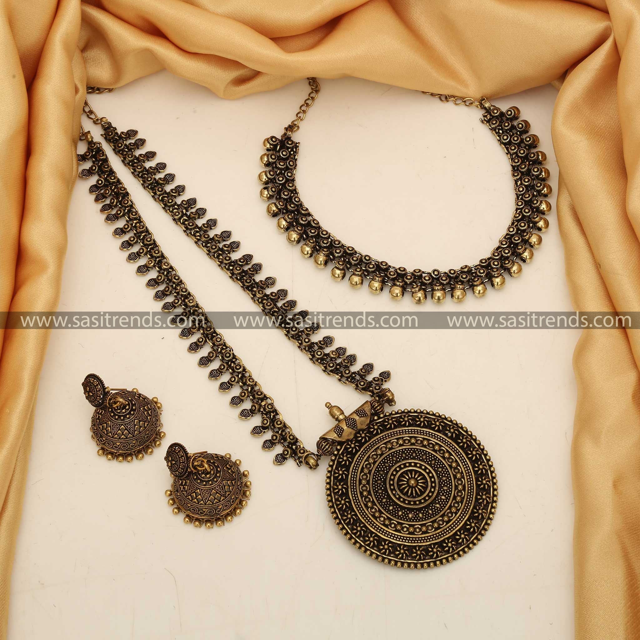 Antique Gold Madhura Ball and Haram Necklace Combination with Jhumkas Sasitrends Navarathiri Special 