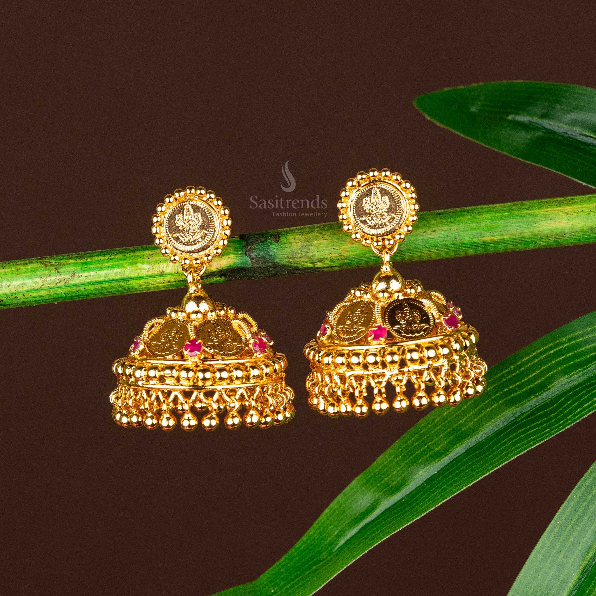 Traditional Kerala style Lakshmi coin earrings, 24-carat gold finish