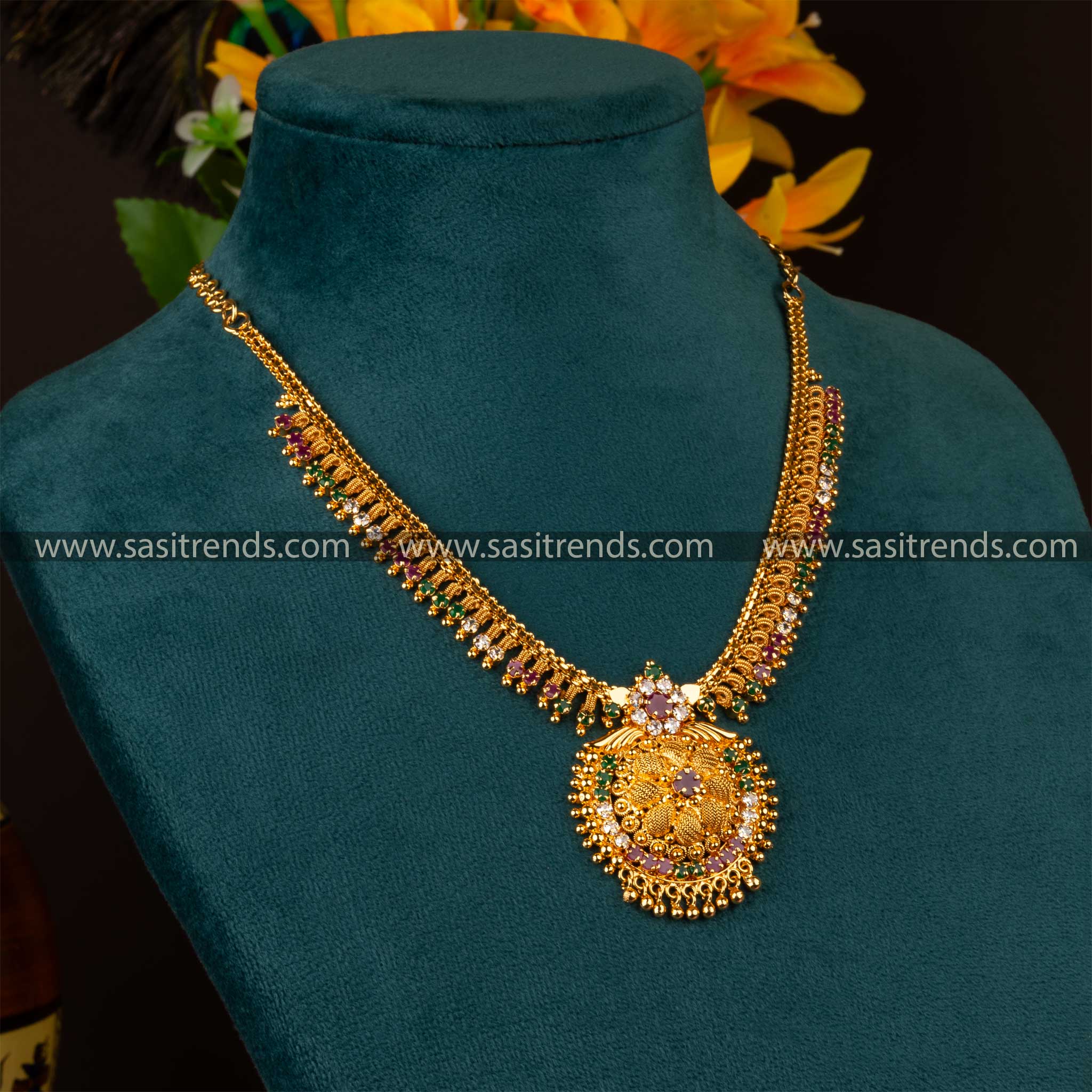 One gram micro gold plated American Diamond floral necklace in multi-color with intricate net design