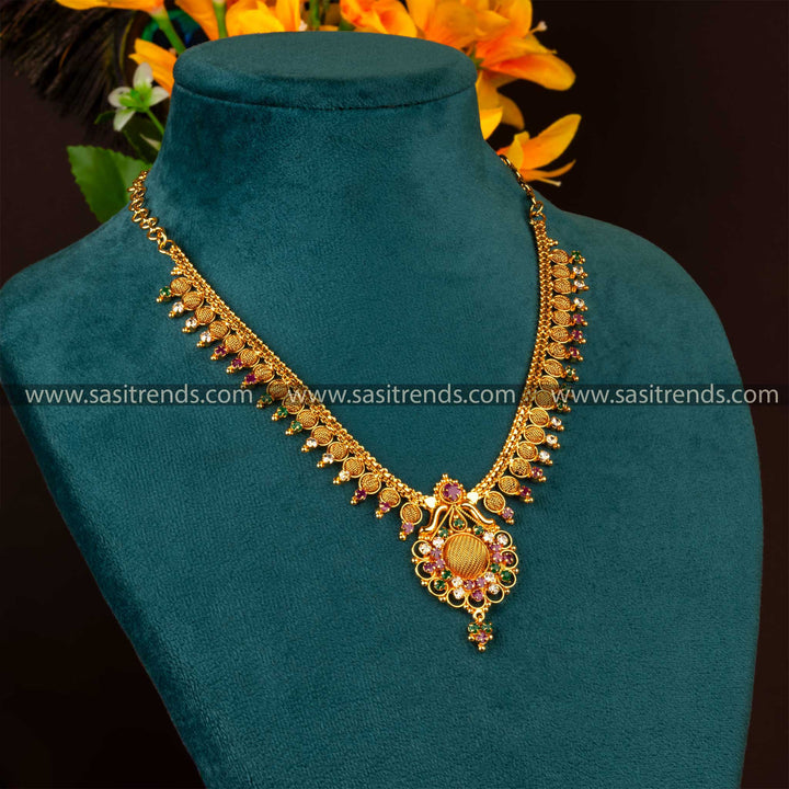 One Gram Micro Gold-Plated Net Type Necklace with AD Round Stones | Sasitrends