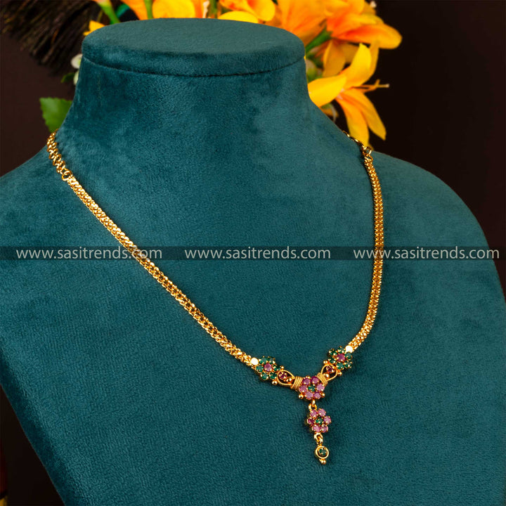 One gram micro gold plated floral pendant necklace with ruby-green stones Sasitrends Online Shopping