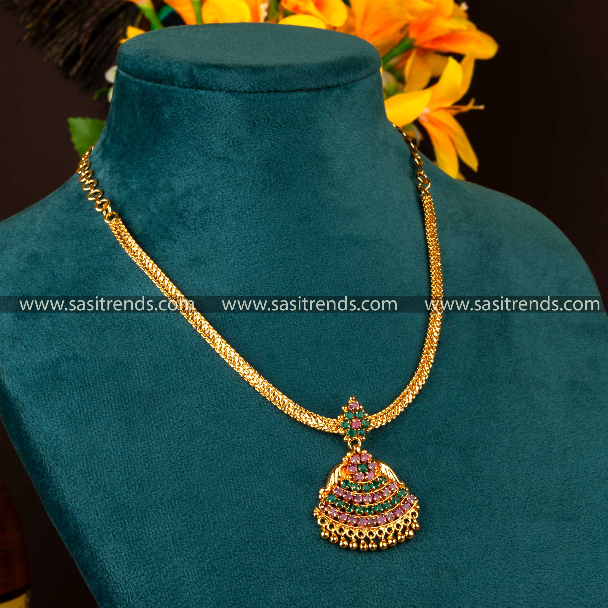 Exquisite ruby-green stone gold-plated necklace with bell-shaped pendant Sasitrends Online Shopping