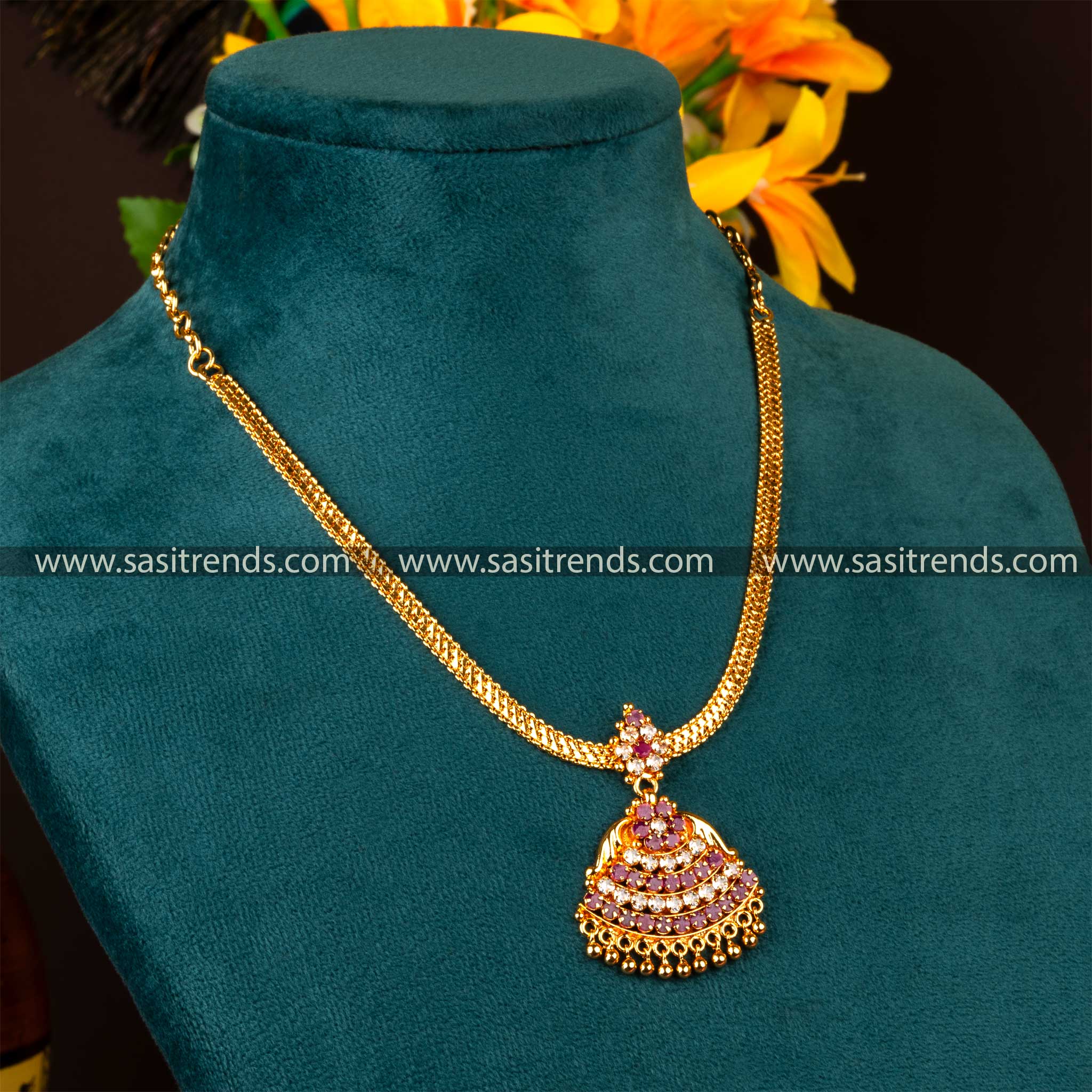 Elegant white-ruby stone gold-plated necklace with bell-shaped pendant sasitrends online