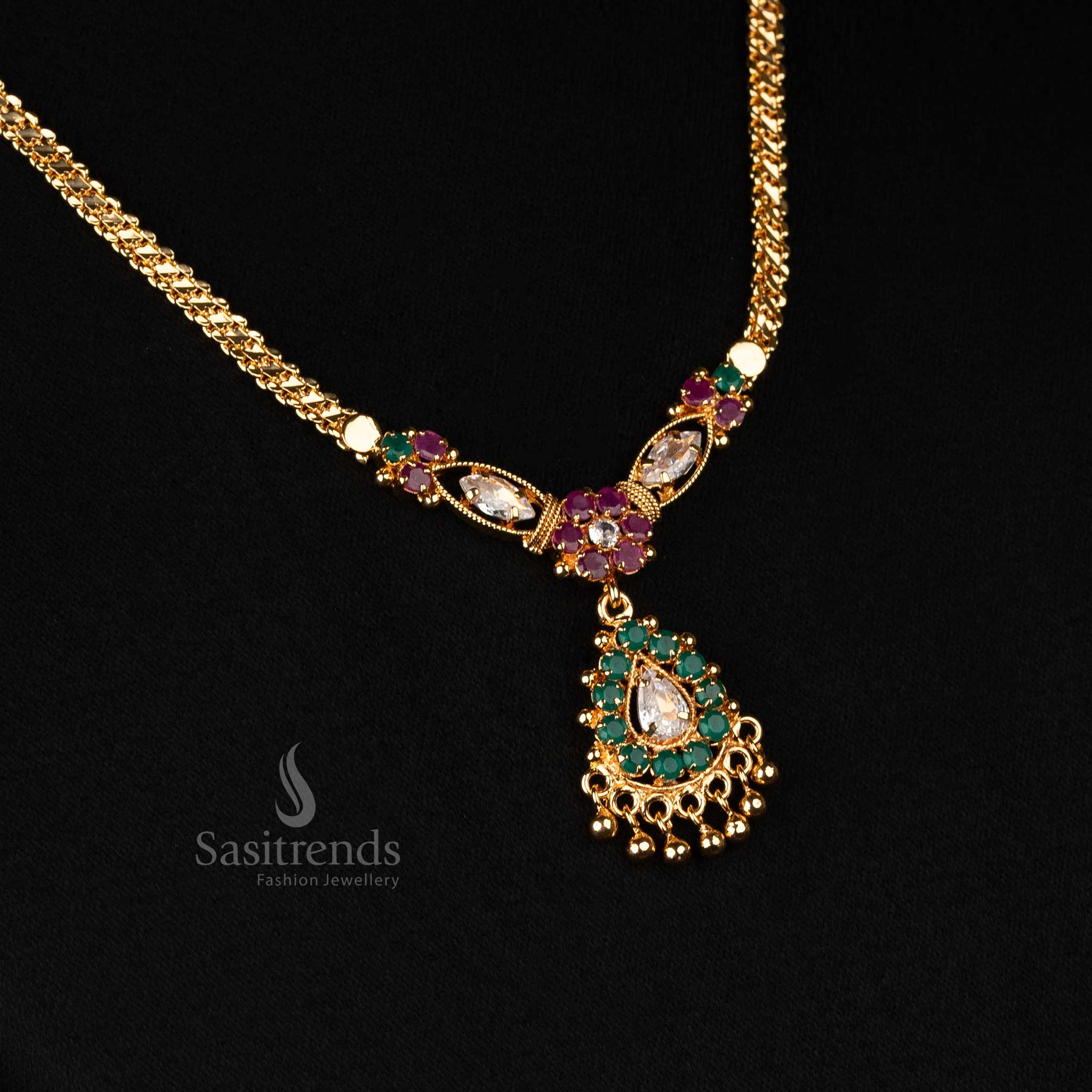 Gold plated floral necklace featuring teardrop pendant with multi color AD stones, guaranteed to look like real gold - Sasitrends